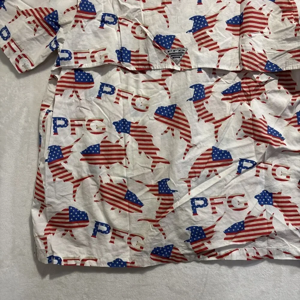 Columbia PFG American Flag Fish Shirt Men's Red White Blue Short Sleeve Large